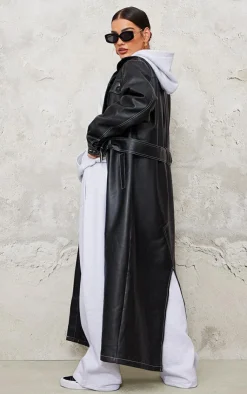 PrettyLittleThing Trench Coats*Faux Leather Contrast Stitch Split Hem Trench Coat