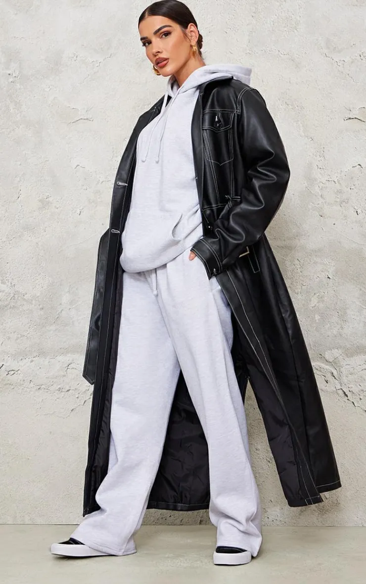 PrettyLittleThing Trench Coats*Faux Leather Contrast Stitch Split Hem Trench Coat