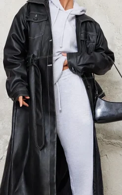PrettyLittleThing Trench Coats*Faux Leather Contrast Stitch Split Hem Trench Coat