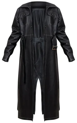 PrettyLittleThing Trench Coats*Faux Leather Contrast Stitch Split Hem Trench Coat
