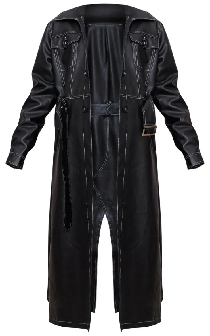 PrettyLittleThing Trench Coats*Faux Leather Contrast Stitch Split Hem Trench Coat