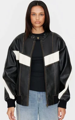 PrettyLittleThing Bomber Jackets*Faux Leather Contrast Panel Longline Bomber Jacket
