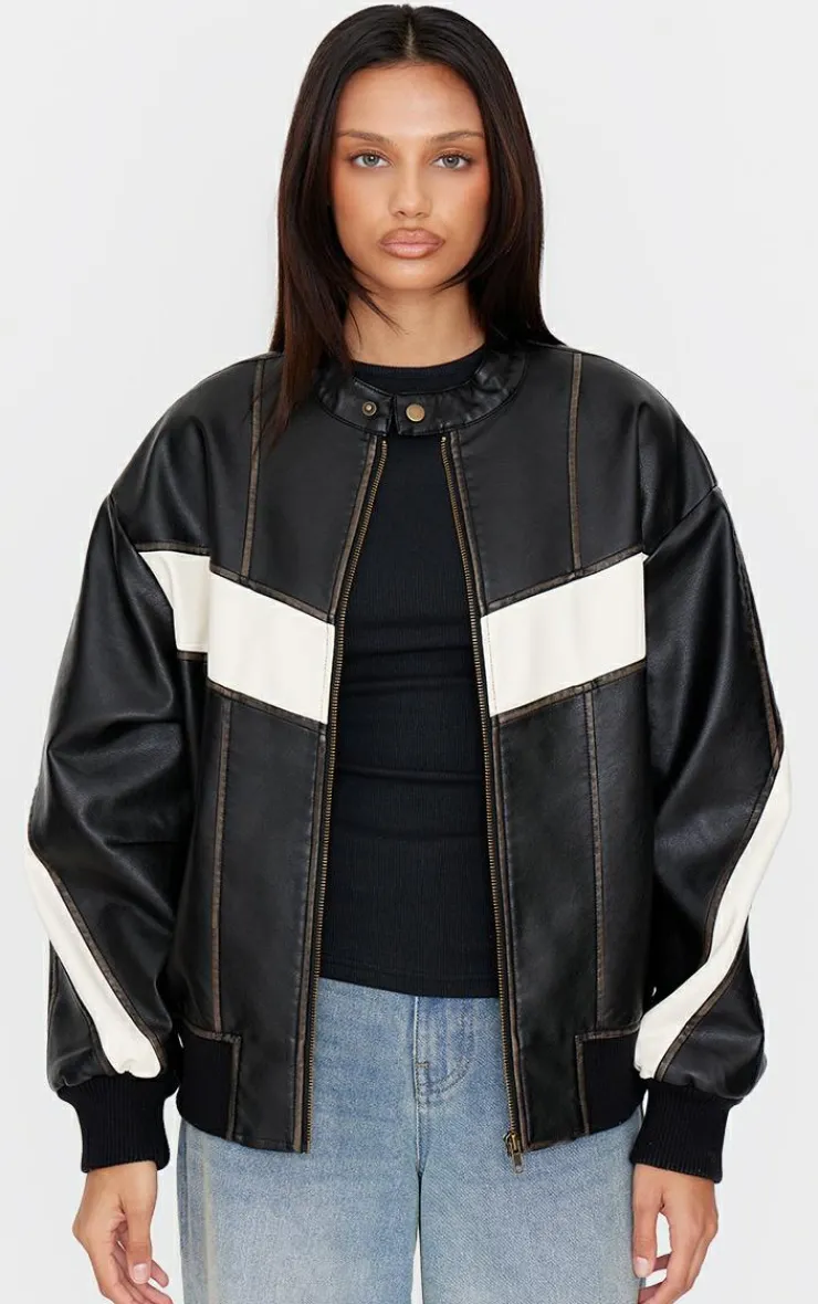 PrettyLittleThing Bomber Jackets*Faux Leather Contrast Panel Longline Bomber Jacket