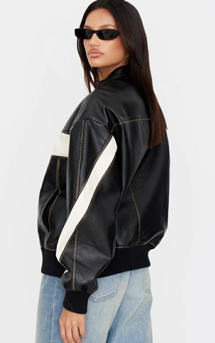 PrettyLittleThing Bomber Jackets*Faux Leather Contrast Panel Longline Bomber Jacket
