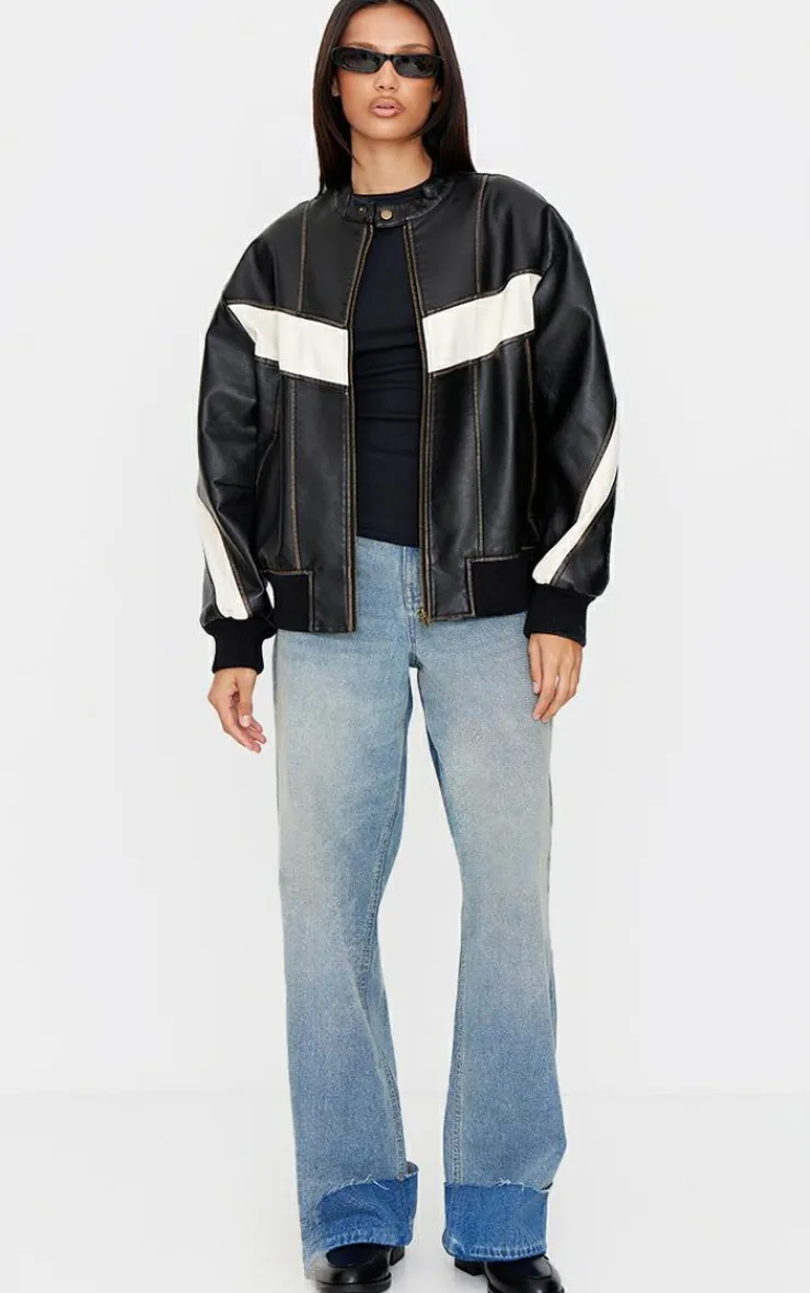 PrettyLittleThing Bomber Jackets*Faux Leather Contrast Panel Longline Bomber Jacket
