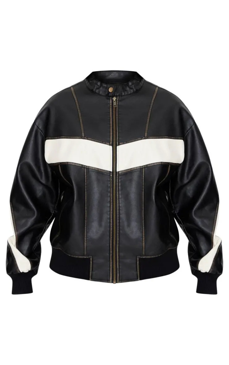 PrettyLittleThing Bomber Jackets*Faux Leather Contrast Panel Longline Bomber Jacket