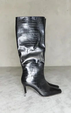 PrettyLittleThing Low Heels*Faux Leather Croc Square Toe Low Heeled Knee Boots