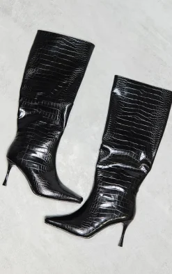 PrettyLittleThing Low Heels*Faux Leather Croc Square Toe Low Heeled Knee Boots