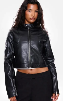 PrettyLittleThing Faux Leather Jackets*Faux Leather Cropped Biker Jacket