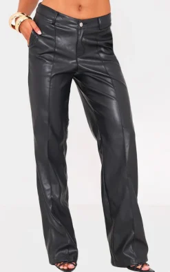 Online PrettyLittleThing Faux Leather Dip Waist Flared Pants Black
