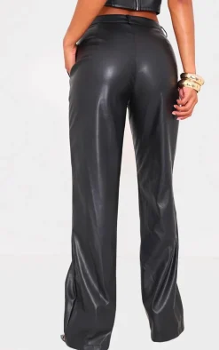 Online PrettyLittleThing Faux Leather Dip Waist Flared Pants Black
