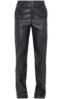 Online PrettyLittleThing Faux Leather Dip Waist Flared Pants Black
