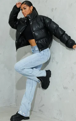 PrettyLittleThing Puffer Jackets*Faux Leather Elastic Hem Bubble Puffer