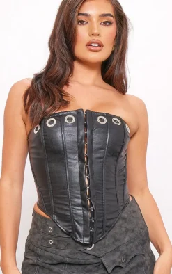 Faux Leather Eyelet Detail Boned Hook And Eye Corset-PrettyLittleThing Sale