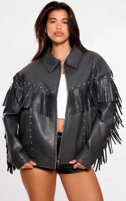 PrettyLittleThing Faux Leather Jackets*Faux Leather Fringe Detail Studded Oversized Jacket