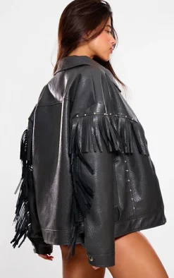 PrettyLittleThing Faux Leather Jackets*Faux Leather Fringe Detail Studded Oversized Jacket