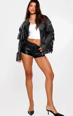PrettyLittleThing Faux Leather Jackets*Faux Leather Fringe Detail Studded Oversized Jacket