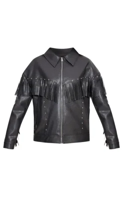 PrettyLittleThing Faux Leather Jackets*Faux Leather Fringe Detail Studded Oversized Jacket