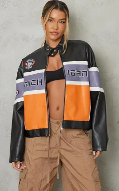 PrettyLittleThing Faux Leather Jackets*Faux Leather Graphic Front Racer Jacket