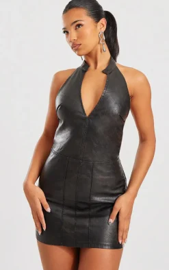 Faux Leather Halterneck Low Back Bodycon Dress-PrettyLittleThing Best