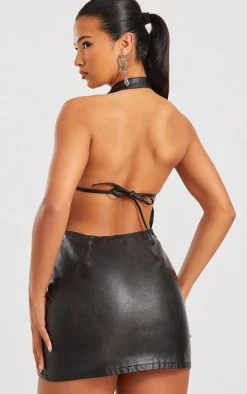 Faux Leather Halterneck Low Back Bodycon Dress-PrettyLittleThing Best