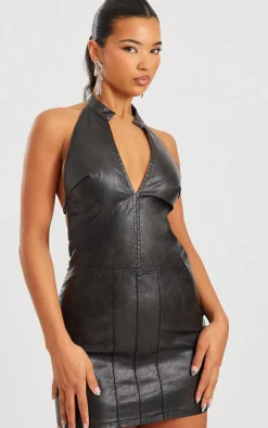 Faux Leather Halterneck Low Back Bodycon Dress-PrettyLittleThing Best