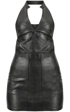 Faux Leather Halterneck Low Back Bodycon Dress-PrettyLittleThing Best