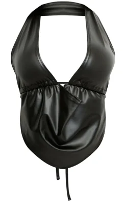 New PrettyLittleThing Faux Leather Halterneck Top Black