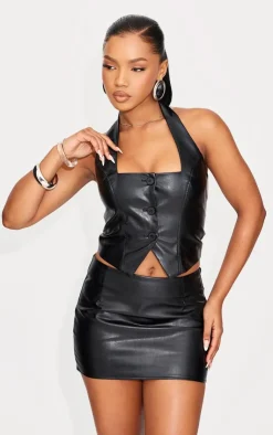 New PrettyLittleThing Faux Leather Halterneck Vest Black