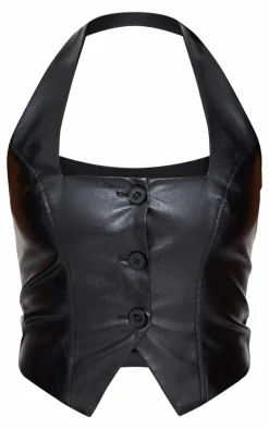 New PrettyLittleThing Faux Leather Halterneck Vest Black