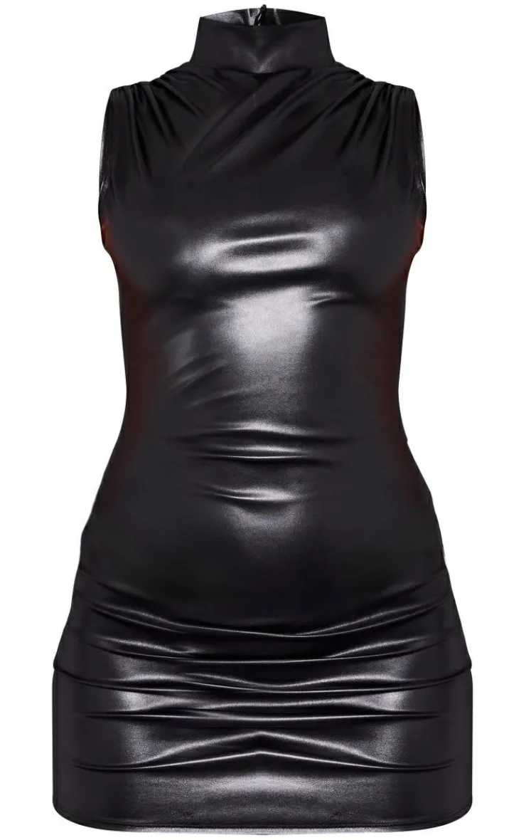 Faux Leather High Neck Sleeveless Ruched Mini Dress-PrettyLittleThing New