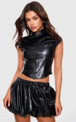 PrettyLittleThing Faux Leather High Neck Top Black