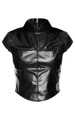 PrettyLittleThing Faux Leather High Neck Top Black