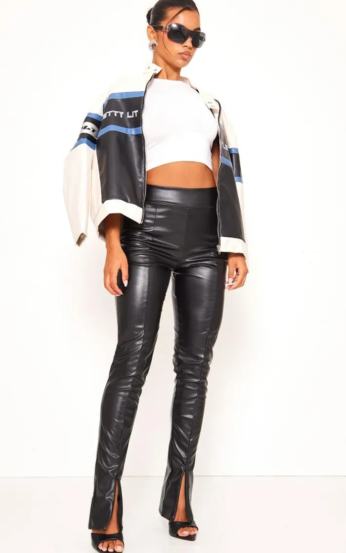 Black Faux Leather High Waisted Seam Detail Split Hem Pants