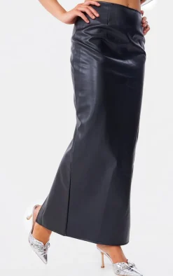 Online PrettyLittleThing Faux Leather High Waist Split Hem Maxi Skirt Black