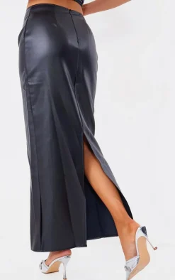Online PrettyLittleThing Faux Leather High Waist Split Hem Maxi Skirt Black