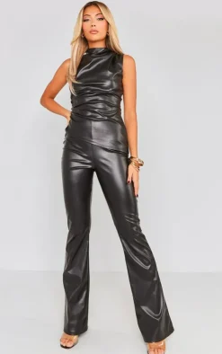 Best PrettyLittleThing Faux Leather High Waisted Flared Pants Black