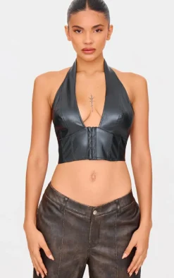 Faux Leather Hook & Eye Plunge Crop Top-PrettyLittleThing Online