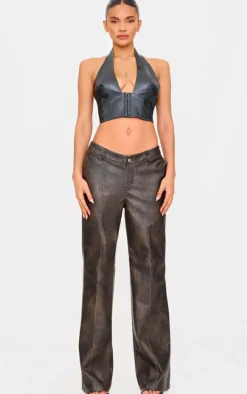 Faux Leather Hook & Eye Plunge Crop Top-PrettyLittleThing Online