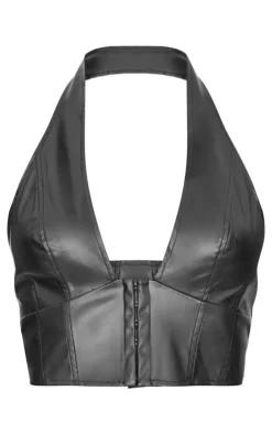 Faux Leather Hook & Eye Plunge Crop Top-PrettyLittleThing Online