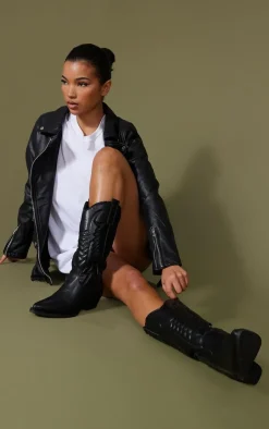 PrettyLittleThing Knee High Boots*Faux Leather Knee High Western Boots