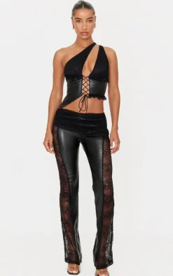 Hot PrettyLittleThing Faux Leather Lace Ruched Waist Flared Pants Black