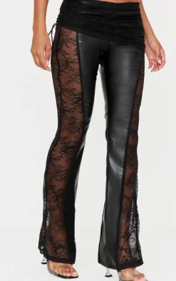 Hot PrettyLittleThing Faux Leather Lace Ruched Waist Flared Pants Black
