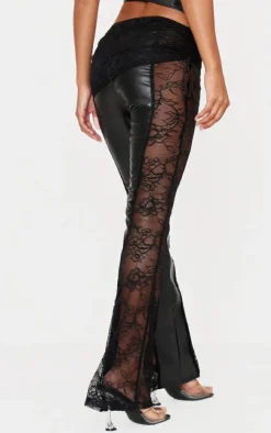 Hot PrettyLittleThing Faux Leather Lace Ruched Waist Flared Pants Black