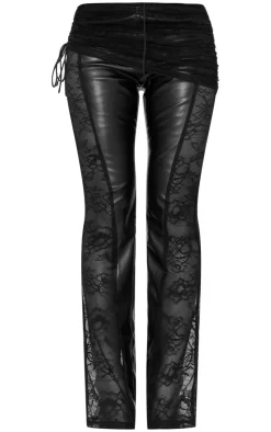 Hot PrettyLittleThing Faux Leather Lace Ruched Waist Flared Pants Black