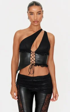 Hot PrettyLittleThing Faux Leather Lace Trim Tie Up V Neck Top Black