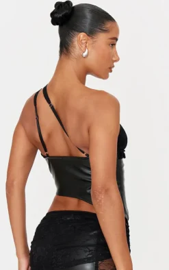 Hot PrettyLittleThing Faux Leather Lace Trim Tie Up V Neck Top Black