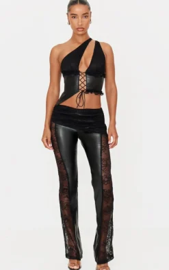 Hot PrettyLittleThing Faux Leather Lace Trim Tie Up V Neck Top Black