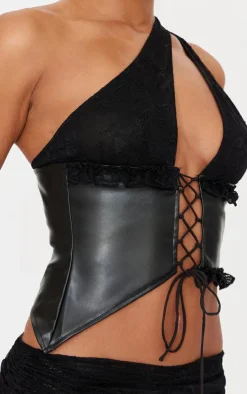 Hot PrettyLittleThing Faux Leather Lace Trim Tie Up V Neck Top Black