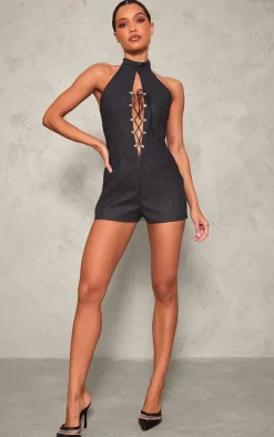 Faux Leather Lace Up Halterneck Romper-PrettyLittleThing Sale